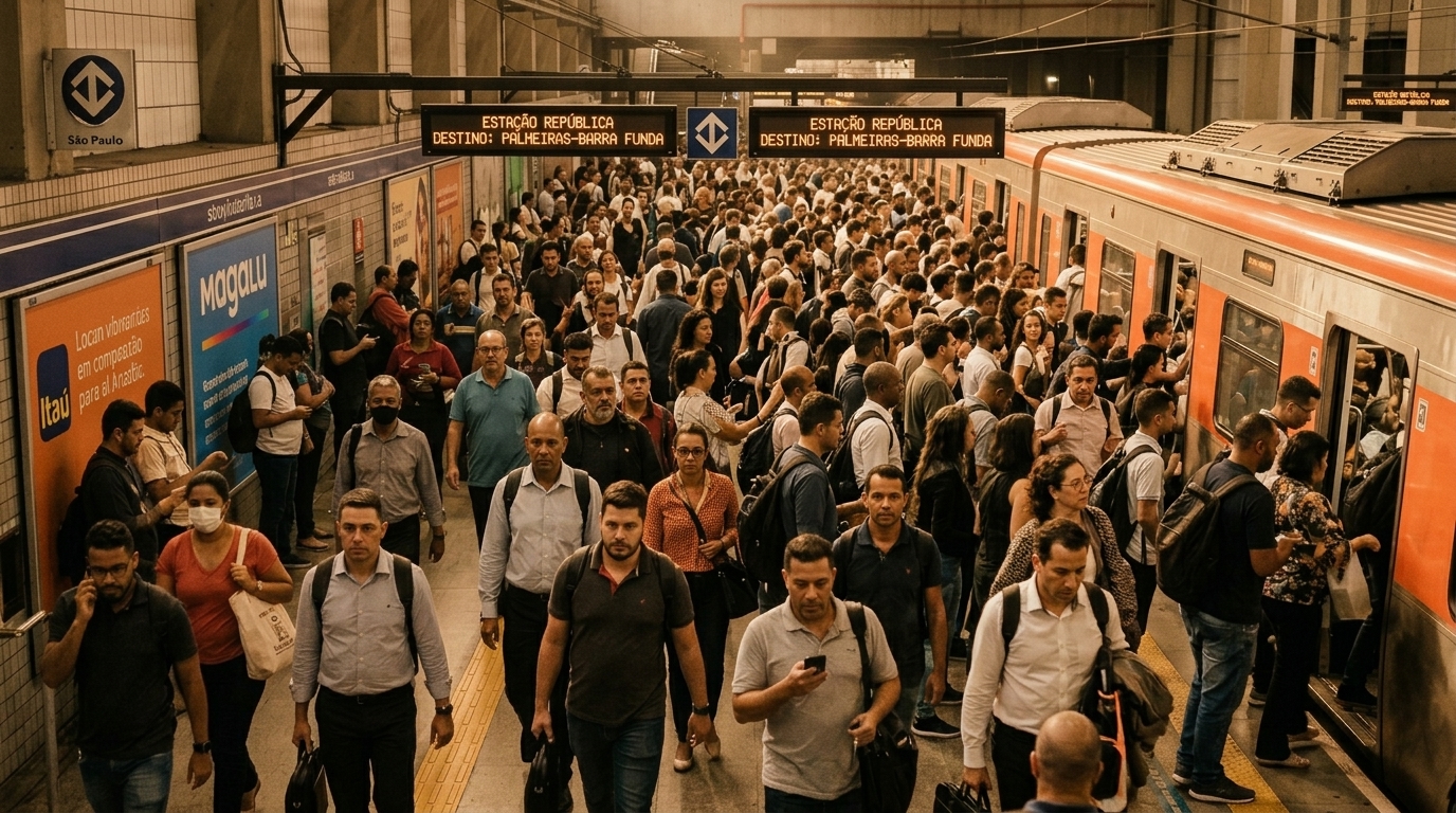 Alt text: Plataforma de estação de metrô em São Paulo lotada de passageiros no horário de pico.