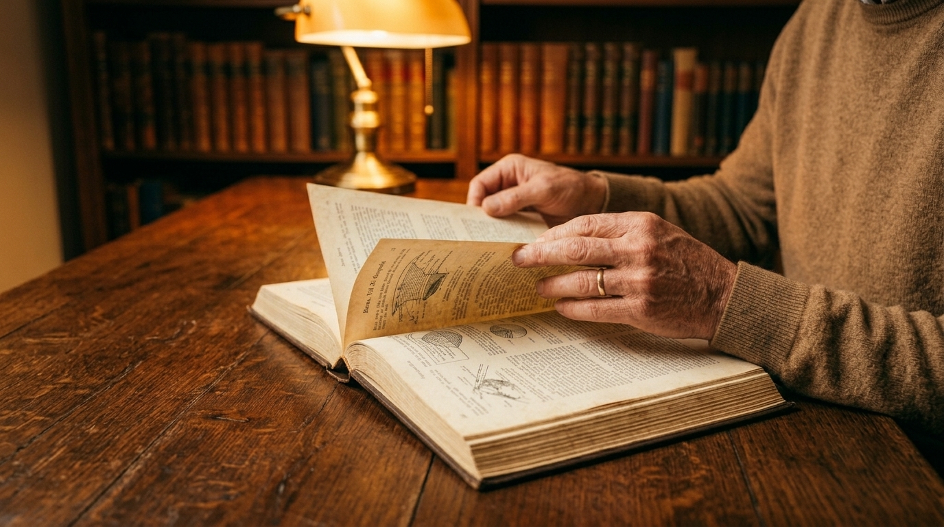 Alt Text: Mãos folheando as páginas grossas de uma enciclopédia antiga sobre uma bancada de biblioteca de madeira.