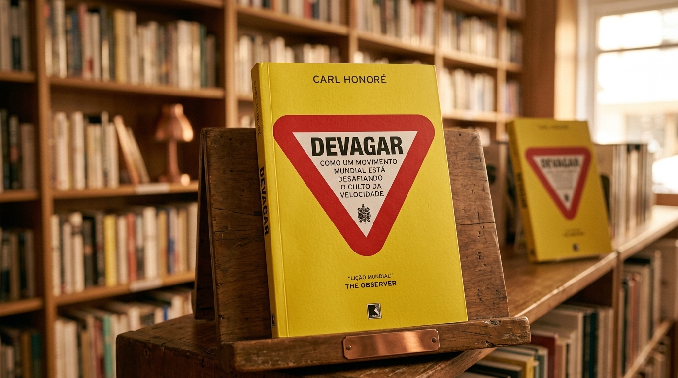 Alt Text: Capa amarela do livro 'Devagar' de Carl Honoré,posicionado em evidência em uma livraria, com prateleiras de madeira e livros desfocados ao fundo sob uma iluminação quente e acolhedora.