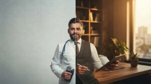 Imagem representando transição profissional, mostrando um homem com cabelos grisalhas nas têmporas. No lado esquerdo da imagem, ele veste jaleco branco e segura um esfignomanômetro; no lado direito, ele veste colete e camisa social em um escritório iluminado por luz dourada, segurando um tablet e uma caneta.