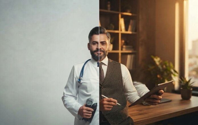 Imagem representando transição profissional, mostrando um homem com cabelos grisalhas nas têmporas. No lado esquerdo da imagem, ele veste jaleco branco e segura um esfignomanômetro; no lado direito, ele veste colete e camisa social em um escritório iluminado por luz dourada, segurando um tablet e uma caneta.