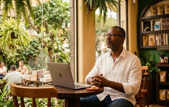 Homem negro com cerca de 45 anos, vestindo camisa branca e óculos, sentado à mesa de madeira em um café aconchegante com estante de livros ao fundo. Ele está com as mãos entrelaçadas, olhando de forma reflexiva e analítica por coma de uma tela de notebook aberto.