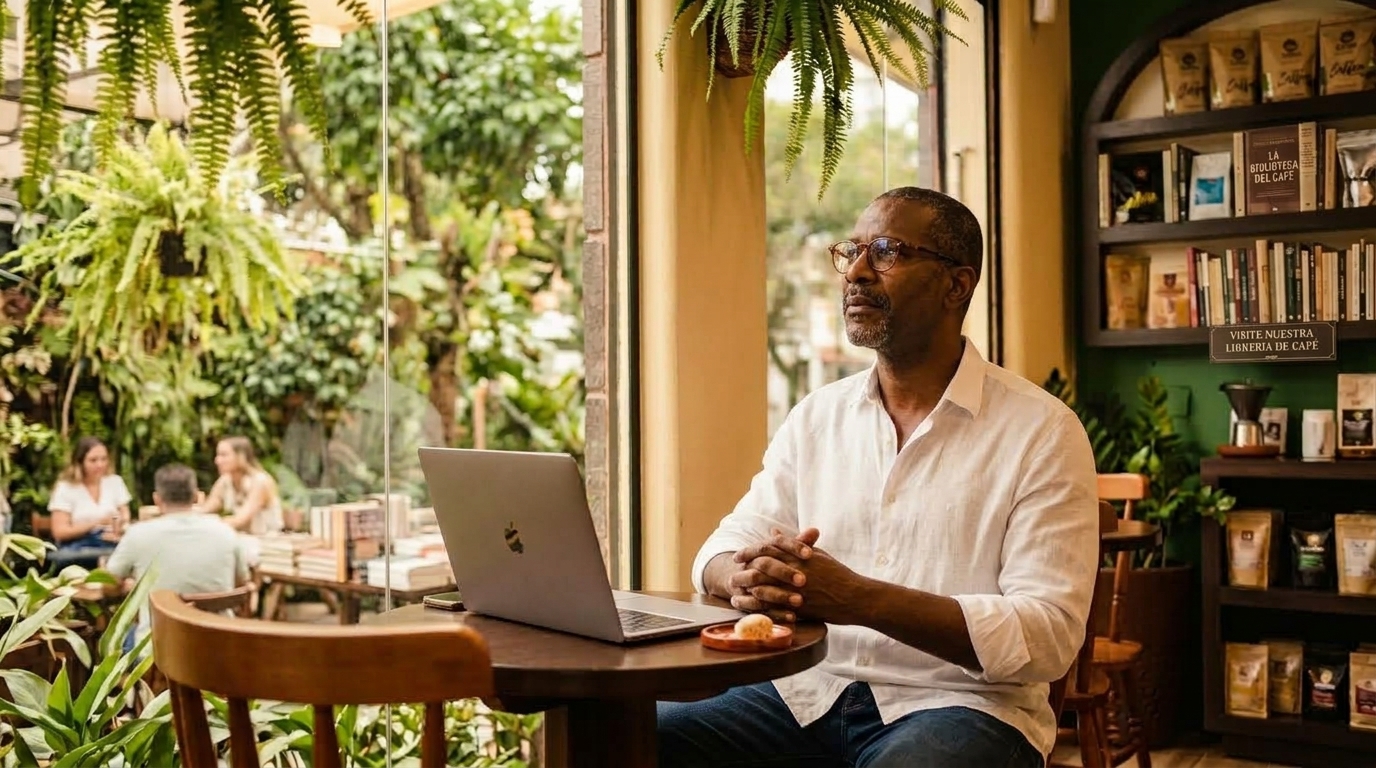 Homem negro com cerca de 45 anos, vestindo camisa branca e óculos, sentado à mesa de madeira em um café aconchegante com estante de livros ao fundo. Ele está com as mãos entrelaçadas, olhando de forma reflexiva e analítica por coma de uma tela de notebook aberto.