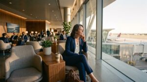 Executiva na faixa dos 40 anos sentada em um lounge de aeroporto com xícara de café, observando a vista da janela.
