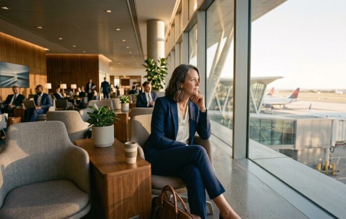 Executiva na faixa dos 40 anos sentada em um lounge de aeroporto com xícara de café, observando a vista da janela.