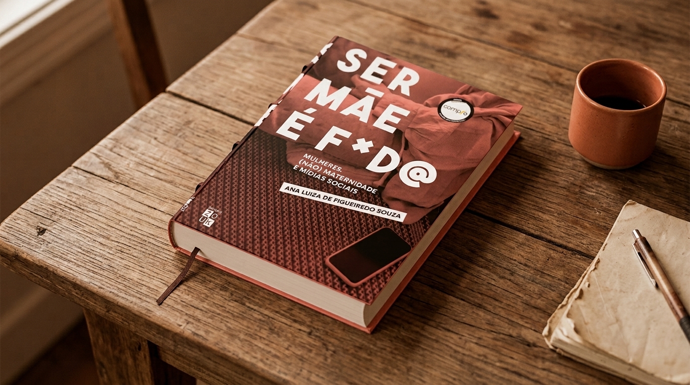 Livro em destaque sobre uma mesa de madeira rústica, intitulado "Ser Mãe é F*d@", da autora Ana Luiza de Figueiredo Souza, acompanhado de uma xícara de café e um caderno de anotações com caneta ao lado.