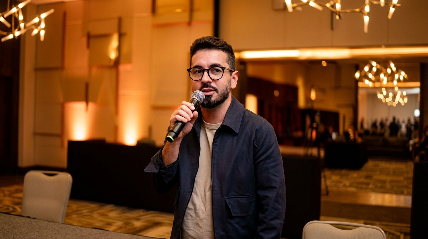 Um homem de óculos, barba e cabelo curto, vestindo uma jaqueta azul marinho sobre uma camiseta bege, segura um microfone com as duas mãos e fala para uma possível audiência em um ambiente de conferência ou evento corporativo. O fundo é um saguão com iluminação ambiente quente e lustres decorativos, com algumas pessoas desfocadas ao longe.