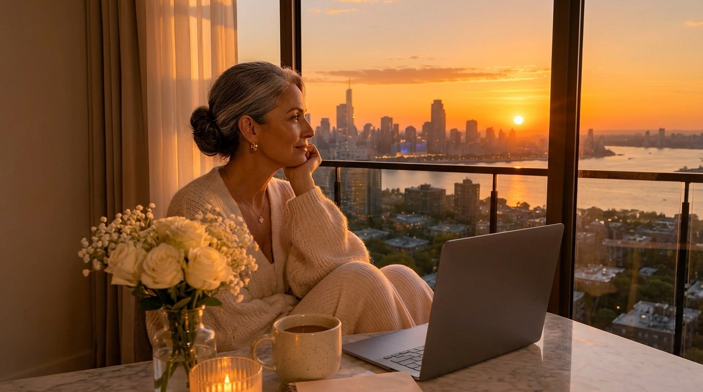 Mulher de cabelos grisalhos presos em um coque, vestindo suéter claro, sentada em frente a um notebook em uma mesa com flores e café, observando o pôr do sol na cidade através da janela de um apartamento de alto padrão.