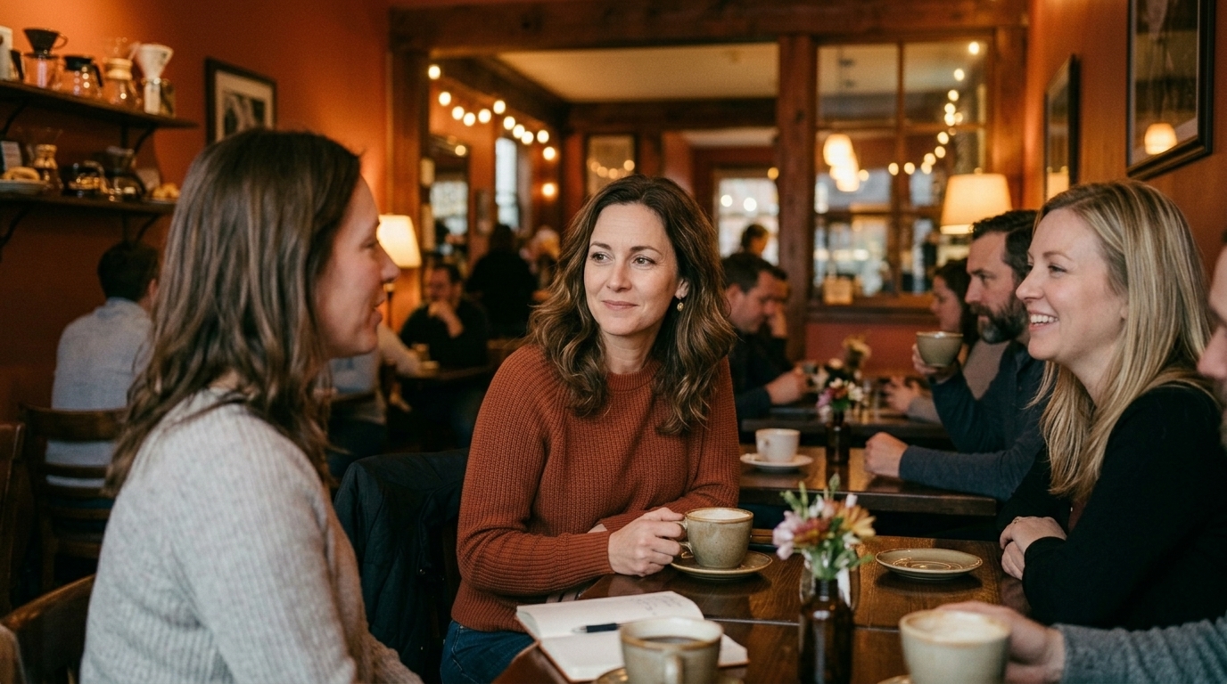 Três mulheres conversam ao redor de uma mesa em uma cafeteria.
