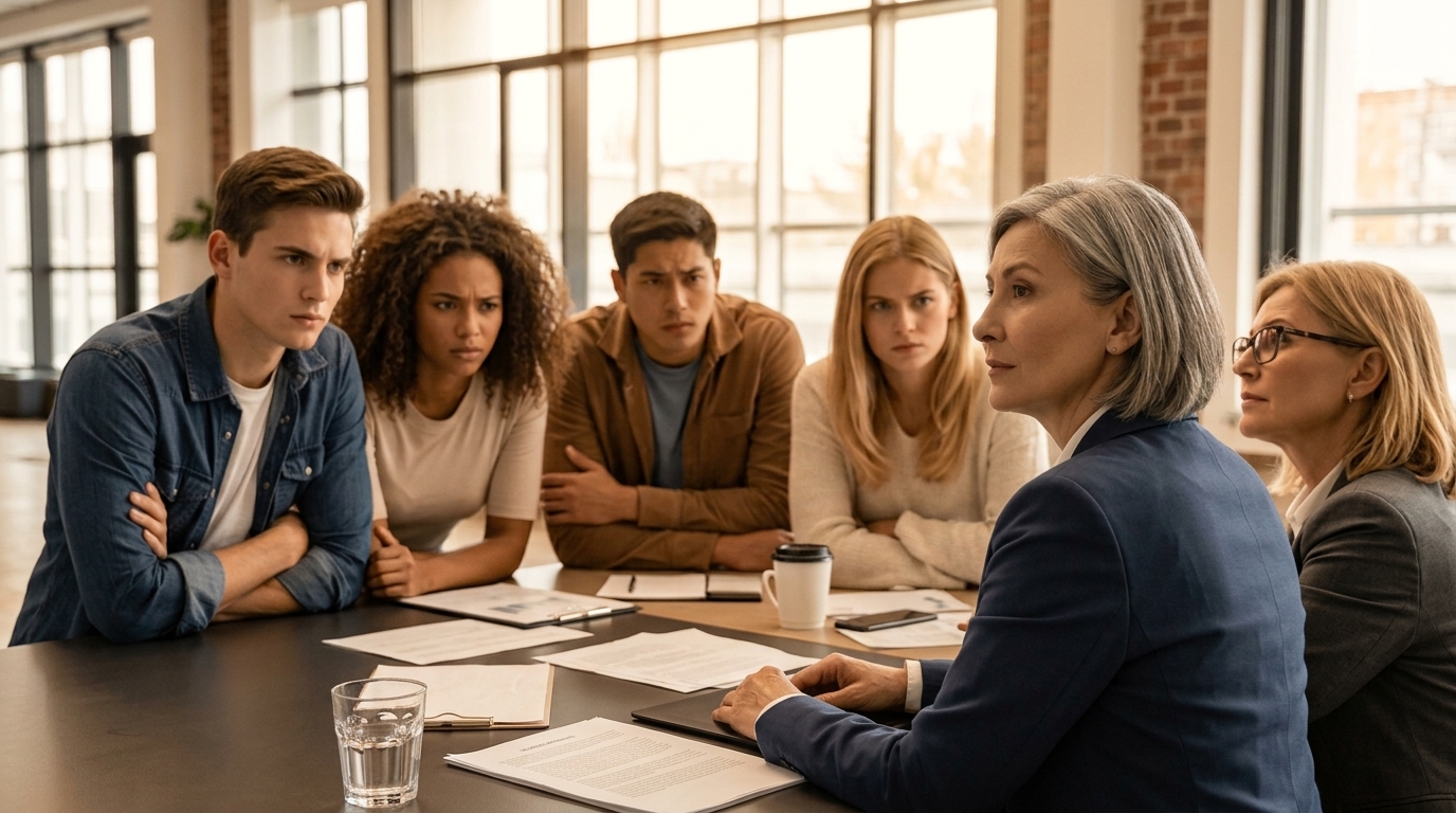 Reunião de trabalho em uma sala iluminada com grande janela ao fundo, mostrando uma mulher madura de cabelos grisalhos sentada à mesa conversando com uma equipe atenta de profissionais mais jovens.