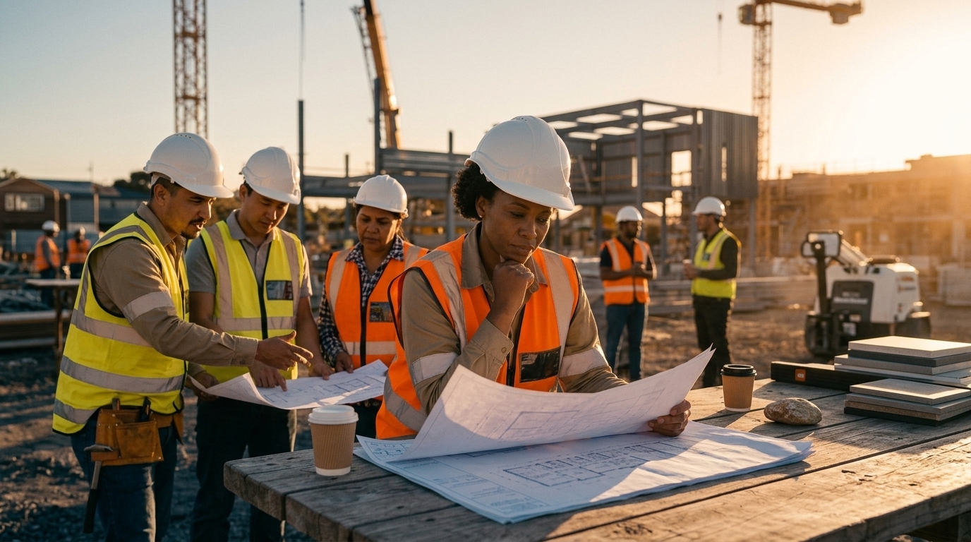 Mulher negra usando capacete branco e colete refletivo laranja, concentrada, analisando plantas de engenharia sobre uma mesa de madeira em um canteiro de obras ao pôr do sol, com outros profissionais ao fundo.