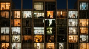 Fotografia noturna de uma fachada de apartamentos do edifício Copan, em São Paulo. As janelas iluminadas mostram silhuetas de moradores em atividades cotidianas dentro de suas casas.