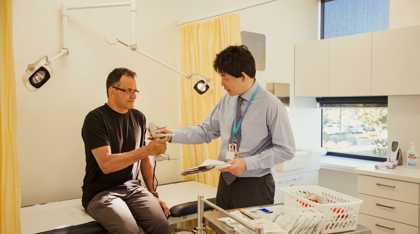 Num consultório médico ou clínica iluminada, um homem de meia-idade de camiseta preta e óculos está sentado numa maca enquanto segura e aperta um dinamômetro manual com a mão direita. À sua frente, um profissional de saúde de camisa azul, gravata e crachá ao pescoço orienta o exame e segura alguns papéis de avaliação clínica.