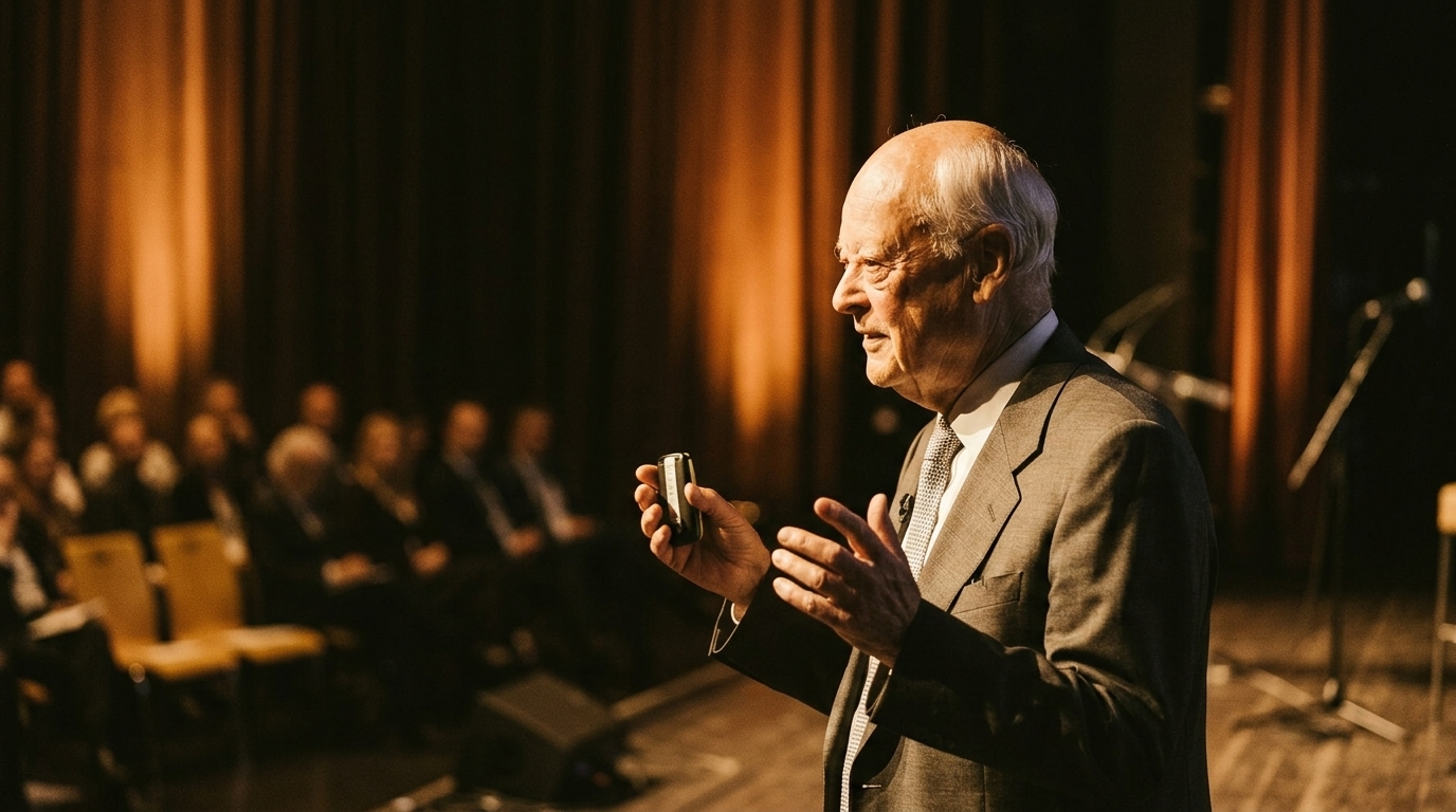 O filósofo e pensador de gestão Charles Handy, um homem idoso e calvo, está em um palco de paletó cinza e gravata, gesticulando com as mãos enquanto segura um apresentador de slides e fala para uma plateia desfocada ao fundo. O ambiente do auditório tem iluminação quente e cortinas em tons de dourado e castanho ao fundo.