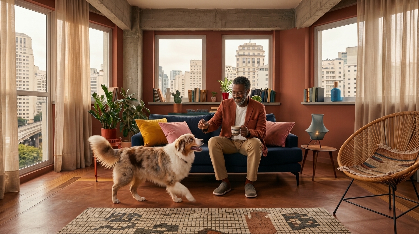 Um homem de meia-idade com cabelo e barba grisalhos está sentado num sofá num apartamento iluminado, segurando uma xícara e interagindo com um cachorro que caminha pela sala. A decoração inclui plantas, livros nas estantes e grandes janelas que mostram prédios da cidade ao fundo.