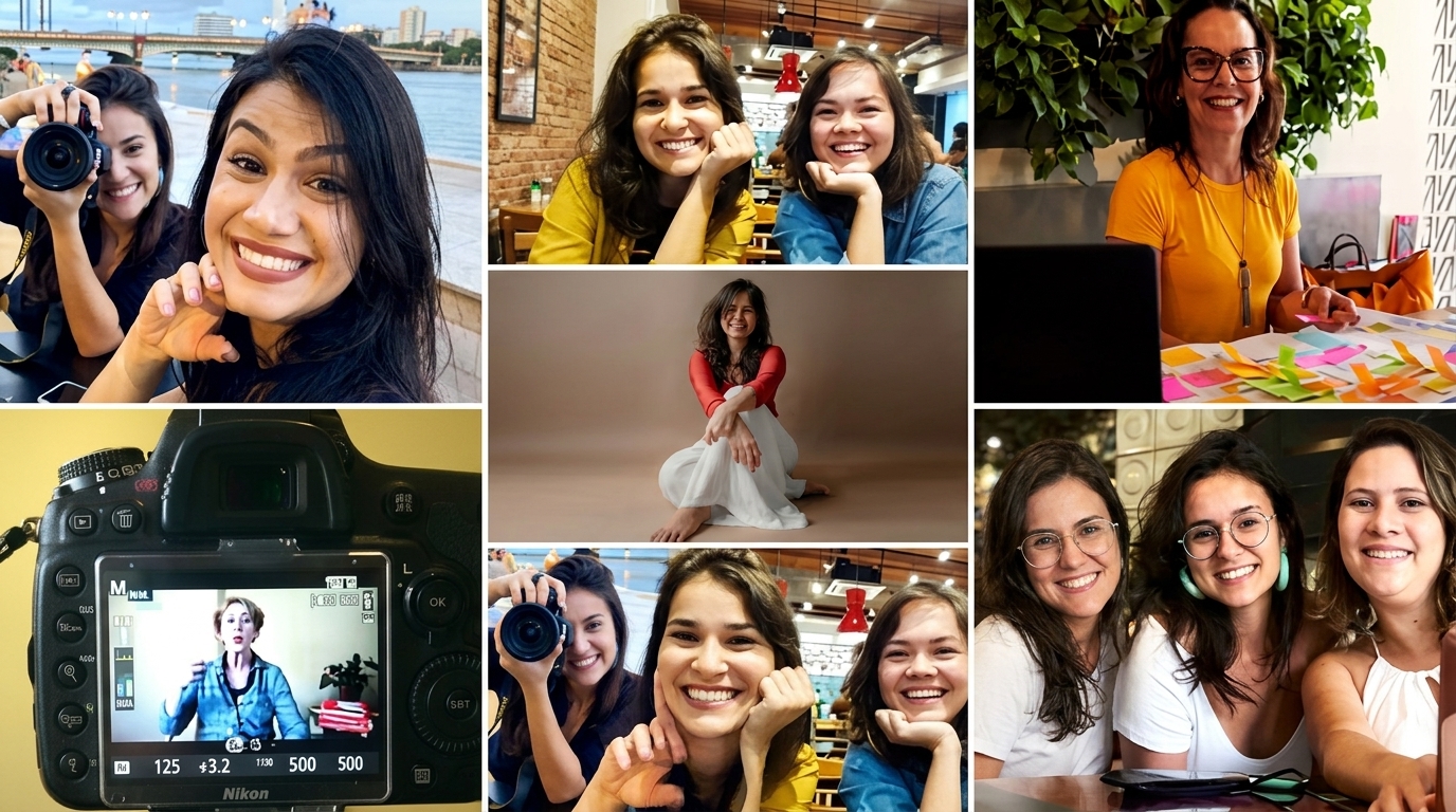 Uma imagem em formato de colagem que reúne vários momentos e retratos. Vemos Renata Tavares e suas mentoradas em diferentes situações, incluindo selfies sorridentes, o visor de uma câmera fotográfica mostrando a mentoria em andamento, mulheres trabalhando com notas adesivas coloridas em sessões de branding e planejamento, e uma mulher sentada ao centro em um estúdio com fundo neutro.