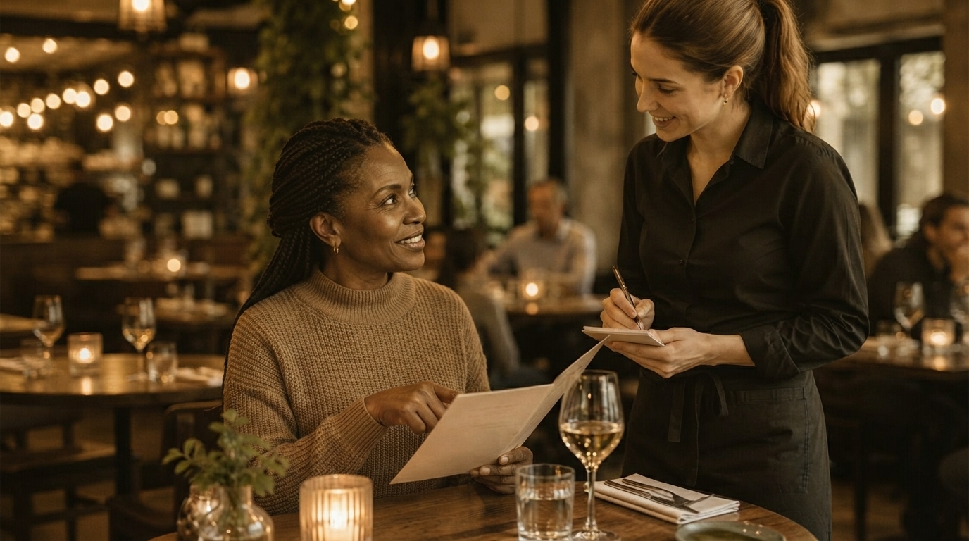 Uma mulher negra de cabelos trançados está sentada à mesa de um restaurante à luz de velas, sorrindo enquanto olha para uma funcionária em pé que anota seu pedido em um bloco de notas. Há uma taça de vinho e um menu aberto na mesa.