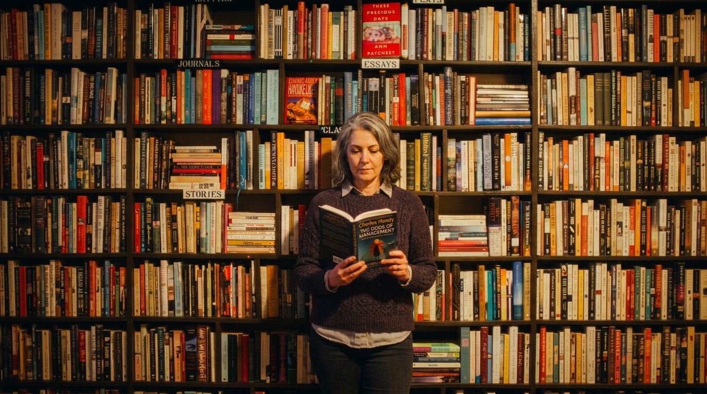 Uma mulher madura de cabelos grisalhos está em pé no centro de uma livraria ou biblioteca acolhedora, segurando e lendo um livro aberto intitulado "Gods of Management", de Charles Handy. Ela veste uma camisola de malha roxa sobre uma camisa de colarinho claro. Atrás dela, uma parede inteira é preenchida por estantes altas de madeira repletas de livros coloridos e organizados.