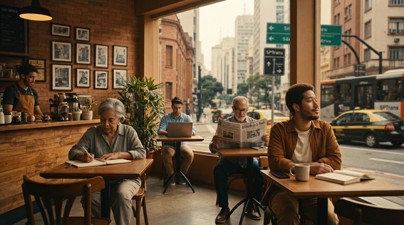 Vista interna de um café movimentado através de grandes janelas com vista para uma rua. Várias pessoas estão sentadas individualmente em mesas de madeira: uma mulher mais velha a escrever num caderno, um homem ao fundo com um notebook, um senhor lendo um jornal e um jovem com uma xícara  de café, adimirando a cidade.