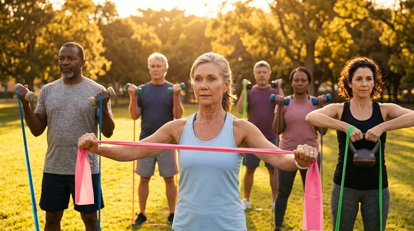 Um grupo de pessoas maduras de diversas etnias pratica exercício físico ao ar livre num parque ensolarado. Em primeiro plano, uma mulher de top azul-claro estica uma banda de resistência rosa com as duas mãos. Ao seu lado e atrás, homens e mulheres utilizam halteres, kettlebells e elásticos de treino sobre a relva verde, rodeados por árvores iluminadas pela luz do sol ao fim da tarde.